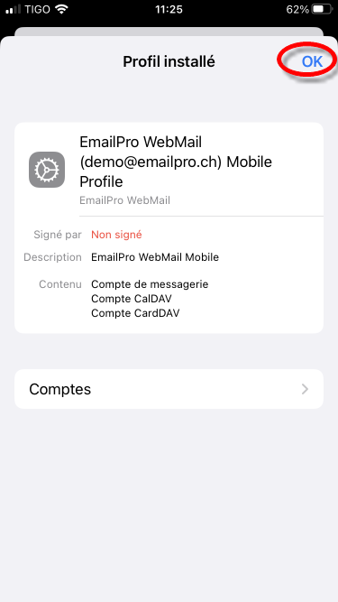Profil installé