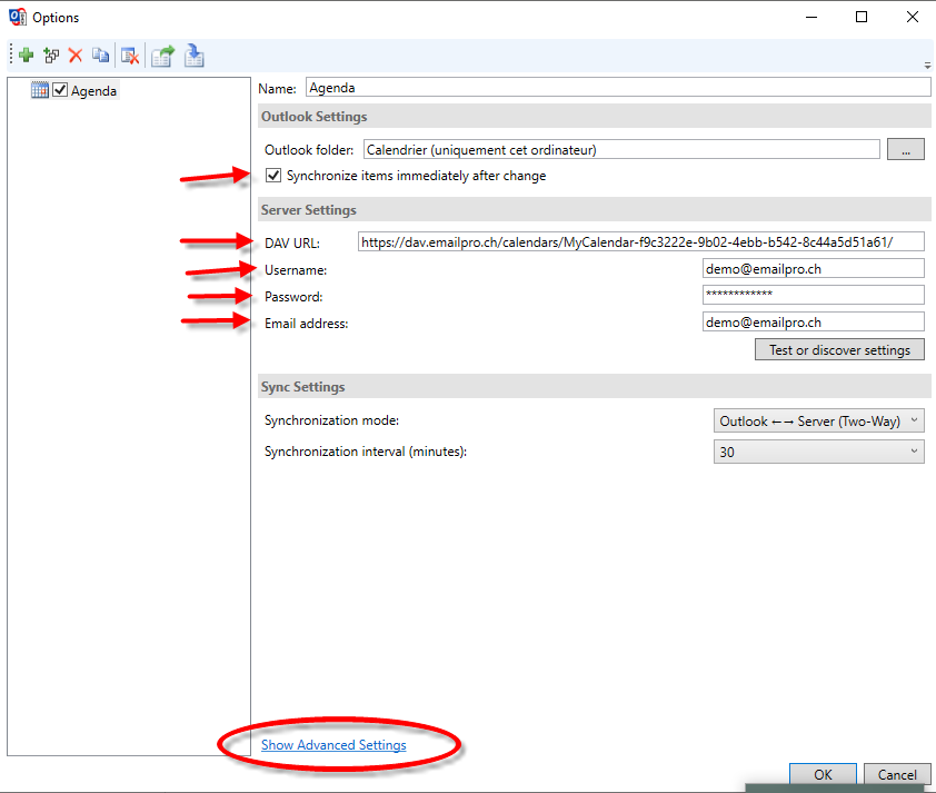 Configuration calendrier