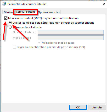 Onglet Auth. SMTP
